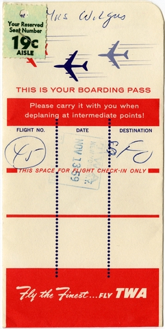Boarding pass and ticket jacket: TWA (Trans World Airlines)