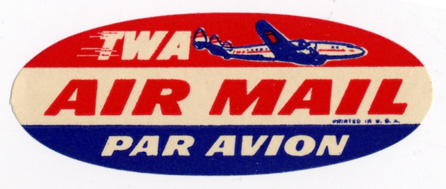 Airmail courtesy label: TWA (Trans World Airlines), Lockheed Constellation