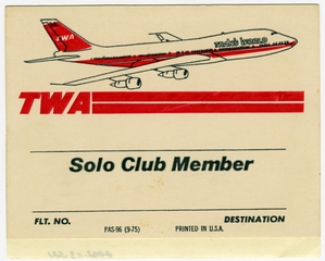 Image: membership card: TWA (Trans World Airlines), Solo Club