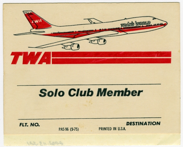 Membership card: TWA (Trans World Airlines), Solo Club