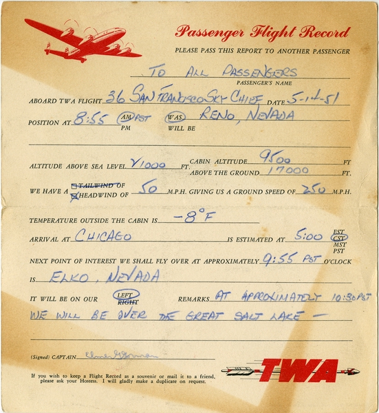 Image: postcard/passenger flight record: TWA (Trans World Airlines), Lockheed L-049 Constellation