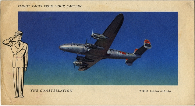 Souvenir passenger flight card: TWA (Trans World Airlines), Lockheed L-049 Constellation