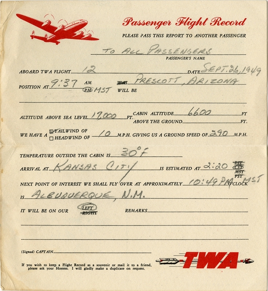 Image: souvenir passenger flight card: TWA (Trans World Airlines), Lockheed L-049 Constellation