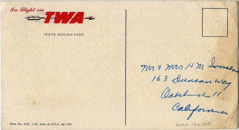 Image: souvenir passenger flight card: TWA (Trans World Airlines), Lockheed L-049 Constellation