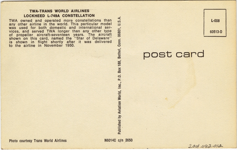 Image: postcard: TWA (Trans World Airlines), Lockheed L-749A Constellation