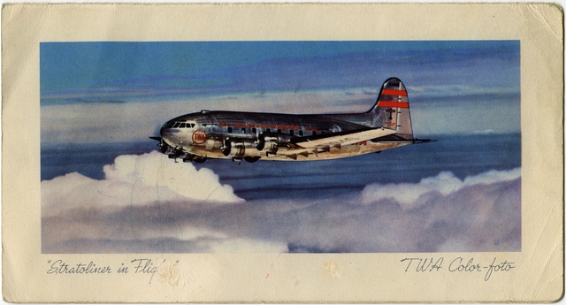 Postcard and passenger flight record: Transcontinental & Western Air (TWA), Boeing 307 Stratoliner
