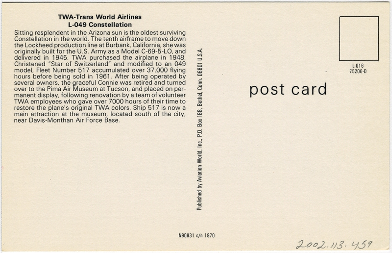 Image: postcard: TWA (Trans World Airlines), Lockheed L-049 Constellation