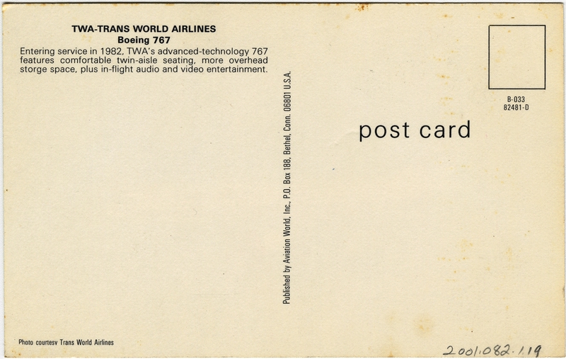 Image: postcard: TWA (Trans World Airlines), Boeing 767