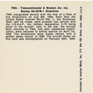 Image #2: postcard: TWA (Trans World Airlines), Boeing 307 Stratoliner
