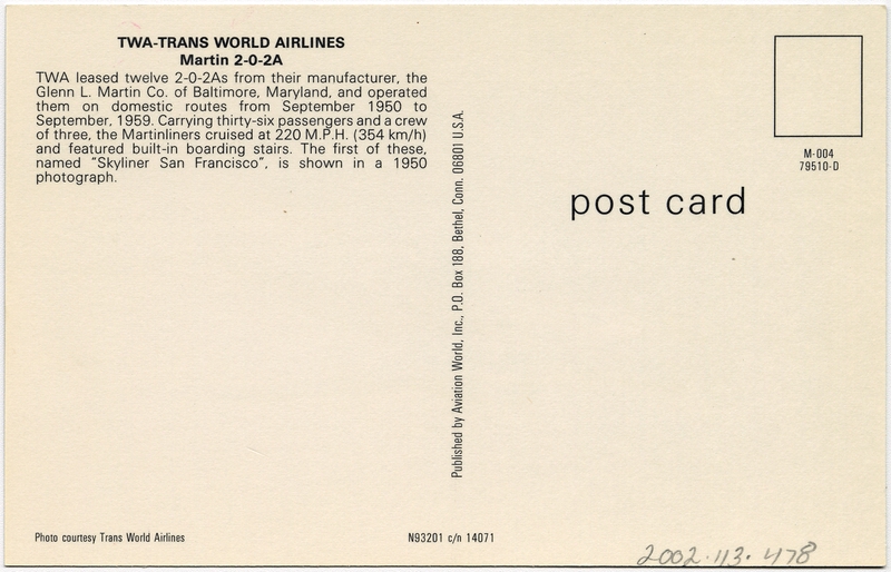 Image: postcard: TWA (Trans World Airlines), Martin 202A