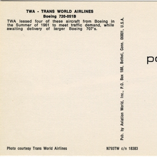 Image #2: postcard: TWA (Trans World Airlines), Boeing 720