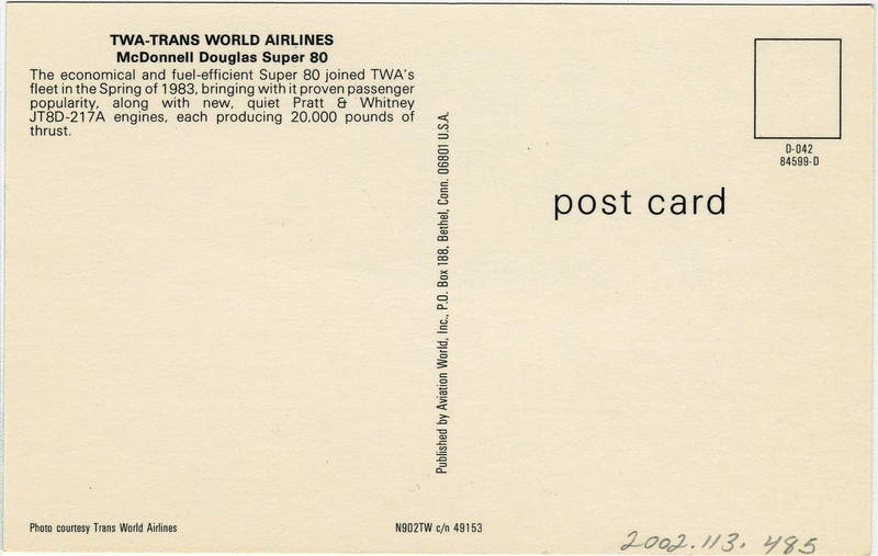Image: postcard: TWA (Trans World Airlines), Douglas DC-9 Super 80