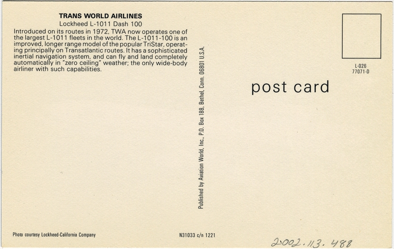 Image: postcard: TWA (Trans World Airlines), Lockheed L-1011 TriStar