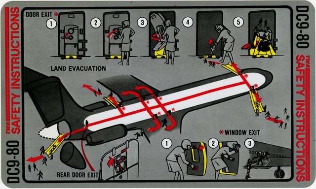 Safety information card: TWA (Trans World Airlines), Douglas DC-9 Super 80