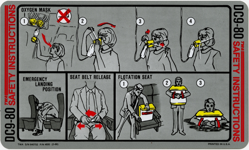 Image: safety information card: TWA (Trans World Airlines), Douglas DC-9 Super 80