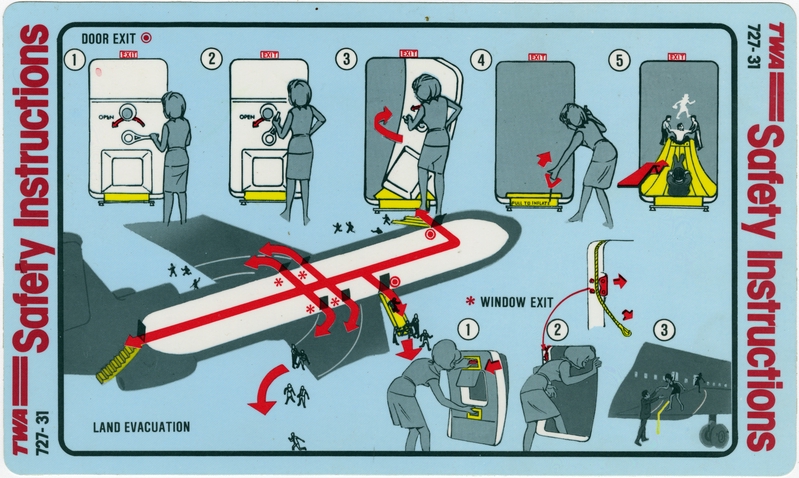 Image: safety information card: TWA (Trans World Airlines), Boeing 727