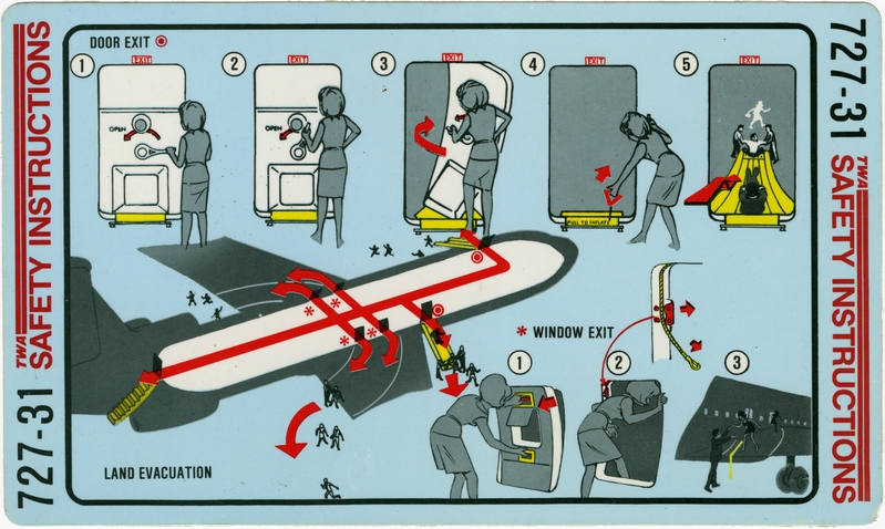 Image: safety information card: TWA (Trans World Airlines), Boeing 727-31