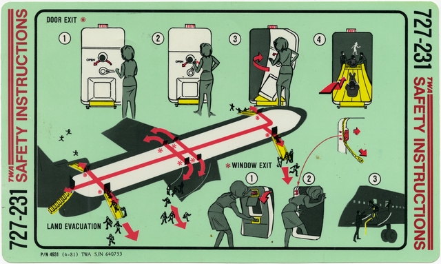 Safety information card: TWA (Trans World Airlines), Boeing 727-231