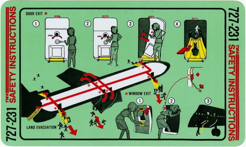 Image: safety information card: TWA (Trans World Airlines), Boeing 727-231