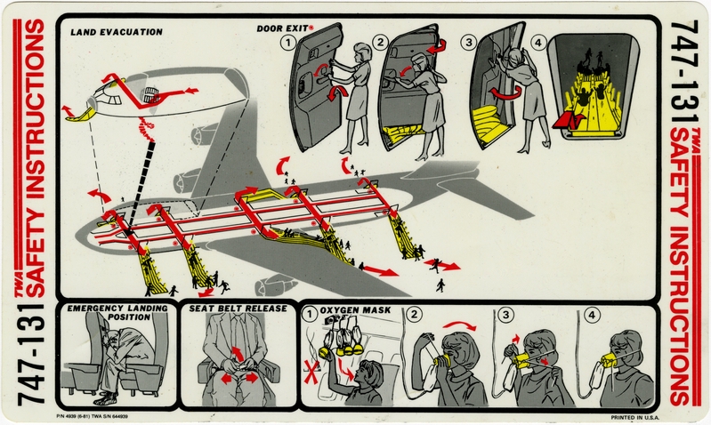 Image: safety information card: TWA (Trans World Airlines), Boeing 747-131