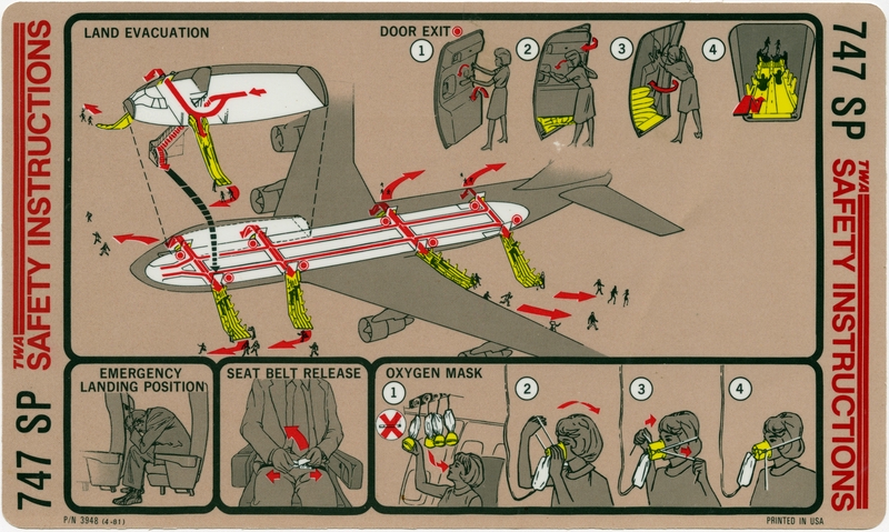 Image: safety information card: TWA (Trans World Airlines), Boeing 747SP