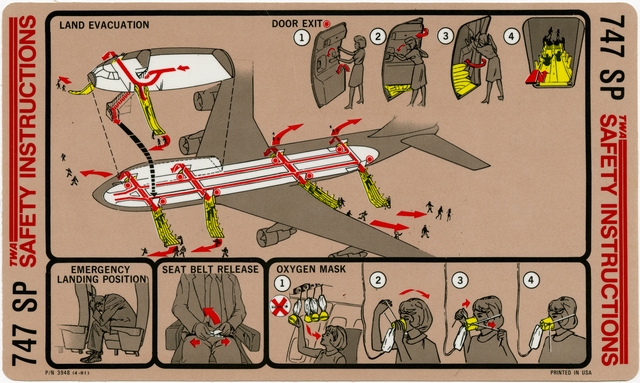 Safety information card: TWA (Trans World Airlines), Boeing 747SP