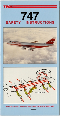 Safety information card: TWA (Trans World Airlines), Boeing 747