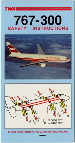 Safety information card: TWA (Trans World Airlines), Boeing 767-300
