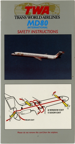 Safety information card: TWA (Trans World Airlines), McDonnell Douglas MD-80