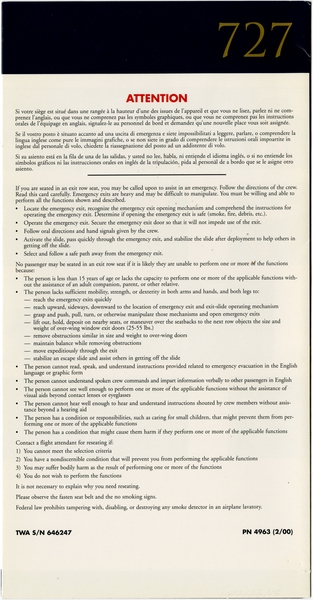 Image: safety information card: TWA (Trans World Airlines), Boeing 727