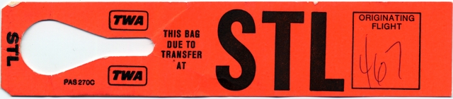 Baggage destination tag: TWA (Trans World Airlines)