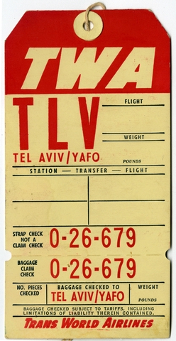 Baggage destination tag: TWA (Trans World Airlines)