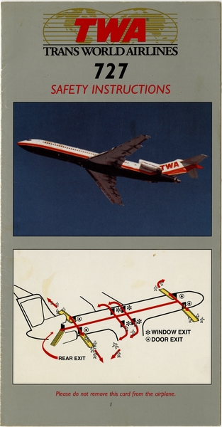 Image: safety information card: TWA (Trans World Airlines), Boeing 727