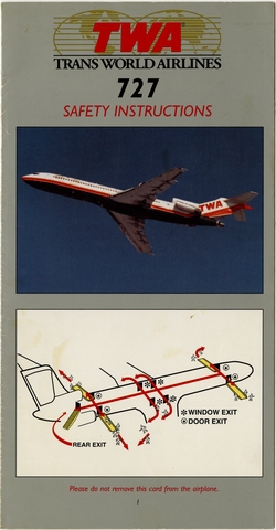 Safety information card: TWA (Trans World Airlines), Boeing 727