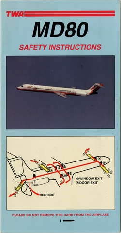 Safety information card: TWA (Trans World Airlines), McDonnell Douglas MD-80