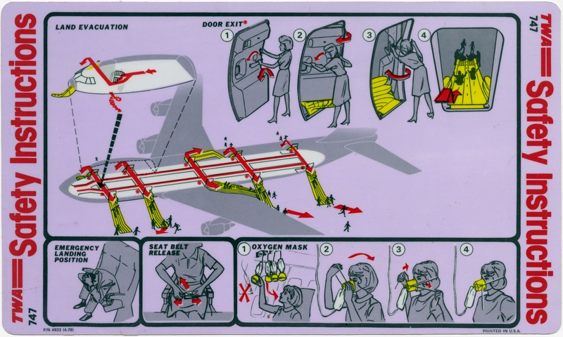 Image: safety information card: TWA (Trans World Airlines), Boeing 747