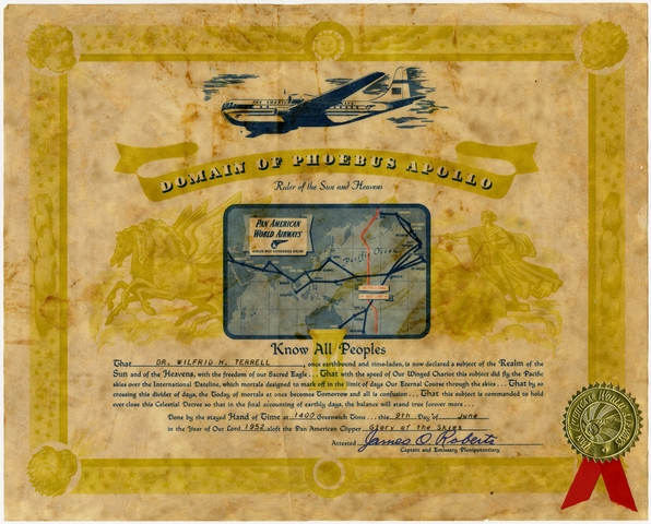 Souvenir certificate: Pan American World Airways, International dateline crossing for Wilfred H. Terrell