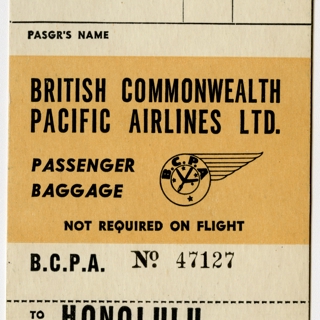Image #1: luggage destination tag: British Commonwealth Pacific Airlines (BCPA)