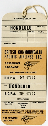 Baggage destination tag: British Commonwealth Pacific Airlines (BCPA)