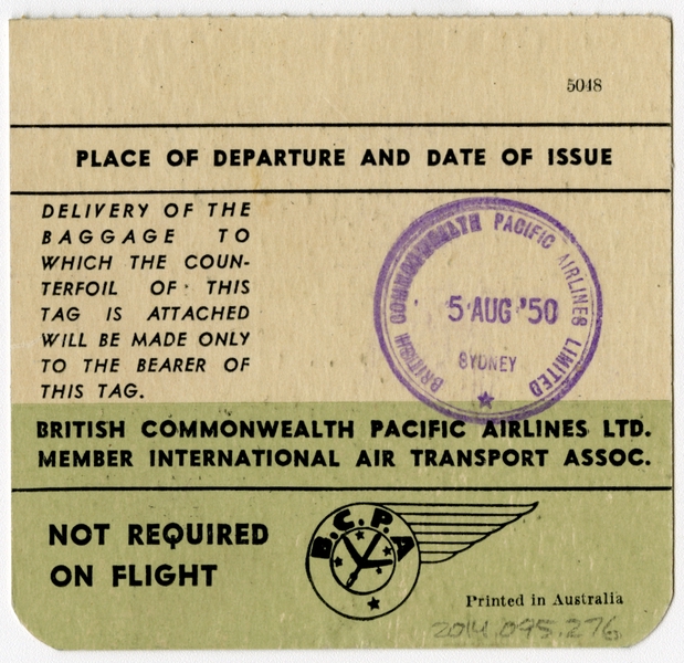 Image: baggage destination tag: British Commonwealth Pacific Airlines (BCPA)
