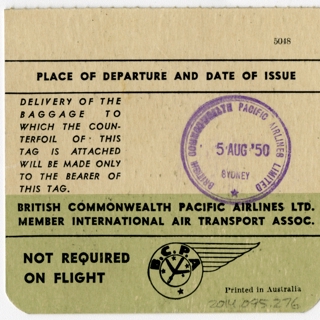Image #2: baggage destination tag: British Commonwealth Pacific Airlines (BCPA)