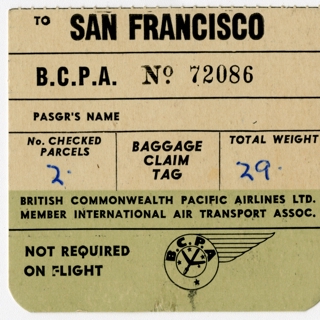 Image #1: baggage destination tag: British Commonwealth Pacific Airlines (BCPA)