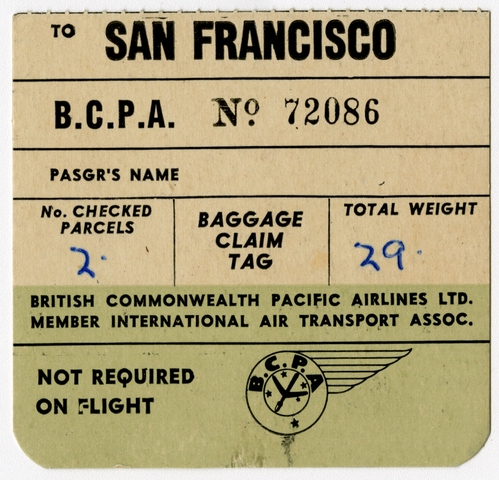 Baggage claim tag: British Commonwealth Pacific Airlines (BCPA)