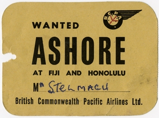 Image: luggage destination tag: British Commonwealth Pacific Airlines (BCPA)