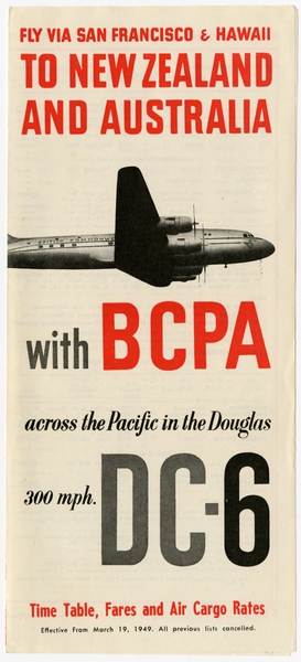 Image: timetable: British Commonwealth Pacific Airlines (BCPA), quick reference, transpacific