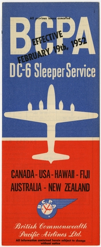 Timetable: British Commonwealth Pacific Airlines (BCPA), transpacific Douglas DC-6 Sleeper Service