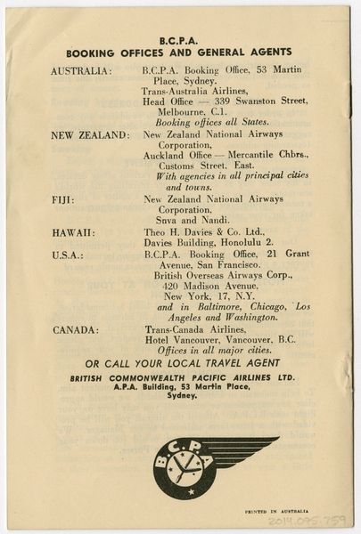 Image: traveler information: British Commonwealth Pacific Airlines (BCPA)