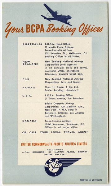 Image: traveler information: British Commonwealth Pacific Airlines (BCPA)