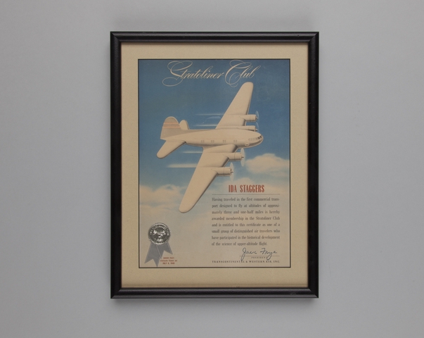 Souvenir certificate: Transcontinental & Western Air, Inc. Stratoliner Club