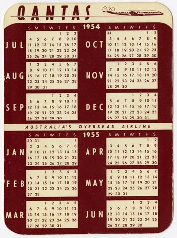 Pocket calendar: Qantas Empire Airways, 1954